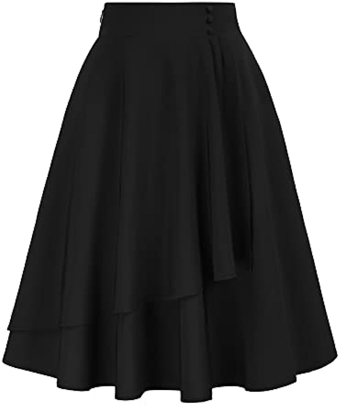 Belle Poque Wome&#039;s Vintage Ruffle Midi Skirts Elastic High Waisted Flowy A-Line Wrap Skirt with Pockets&amp;Buttons