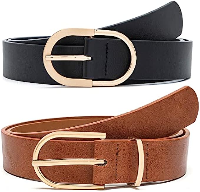 Pettata 2 Pack Belts for Women Jeans Dress Waist Belt for Ladies Black Faux Leather Belt with Gold Buckle