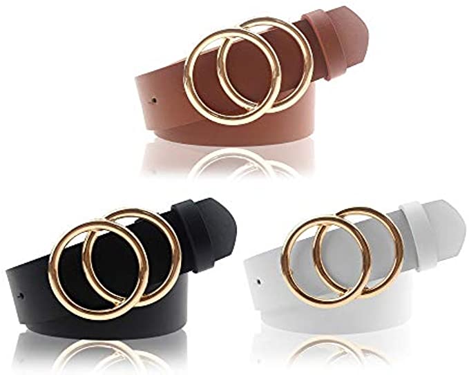 Udekit Women&#039;s PU Leather Belt Double O Ring Soft Faux Leather Waist Belt