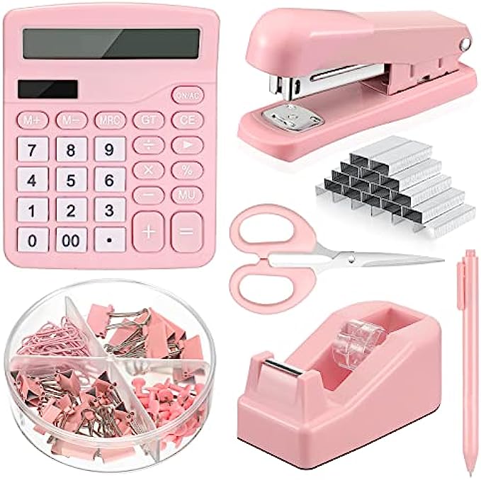6 Set Desk Accessory Kit Office Supplies Include Cute Stapler Tape Dispenser Ballpoint Pen Binder Clips Paper Clips Scissor and Calculator for Women Girls School Stationery (Pink)