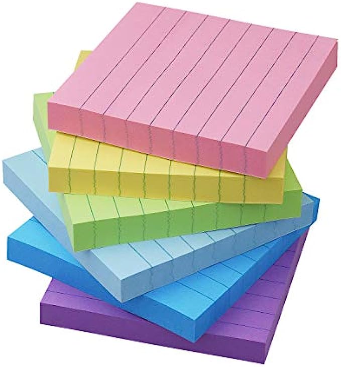 Lined Sticky Notes 3x3, 6 Color Pastel Colorful Sticky Pad, 6 Pads/Pack, 100 Sheets/Pad, Self-Stick Note Pads