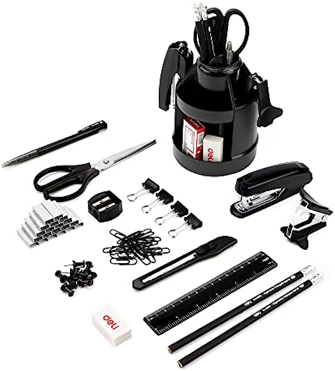 Office Supplies Set, Desk Accessory Organizer Kit, Stapler Set, Rotating Multi-Functional Pen Holder, Staple Remover, Pens, Pencils, Binder Clips, Scissor, Sharpener, Push Pins, Black