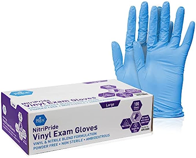 Med PRIDE NitriPride Nitrile-Vinyl Blend Exam Gloves, Large 100 - Powder Free, Latex Free &amp; Rubber Free - Single Use Non-Sterile Protective Gloves for Medical Use, Cooking, Cleaning &amp; More