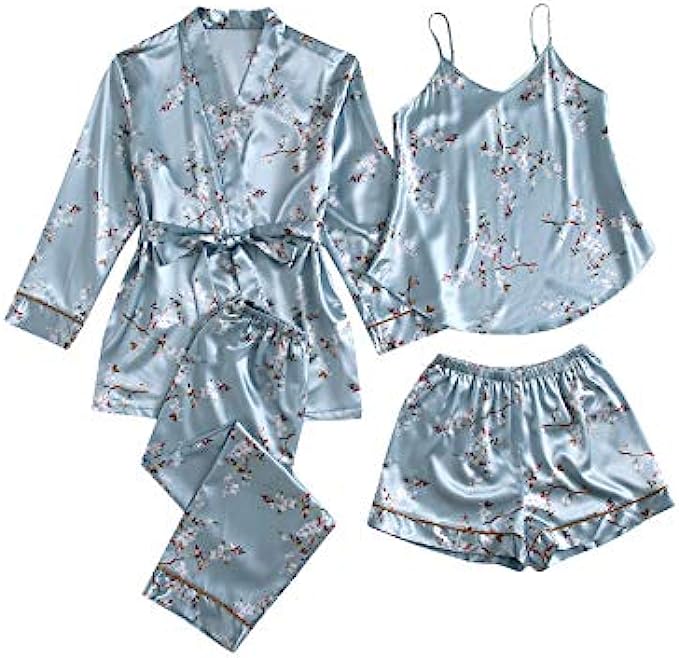 SheIn Women&#039;s 4 Piece Floral Cami Top and Shorts Pants Satin Pajama Set with Belted Robe
